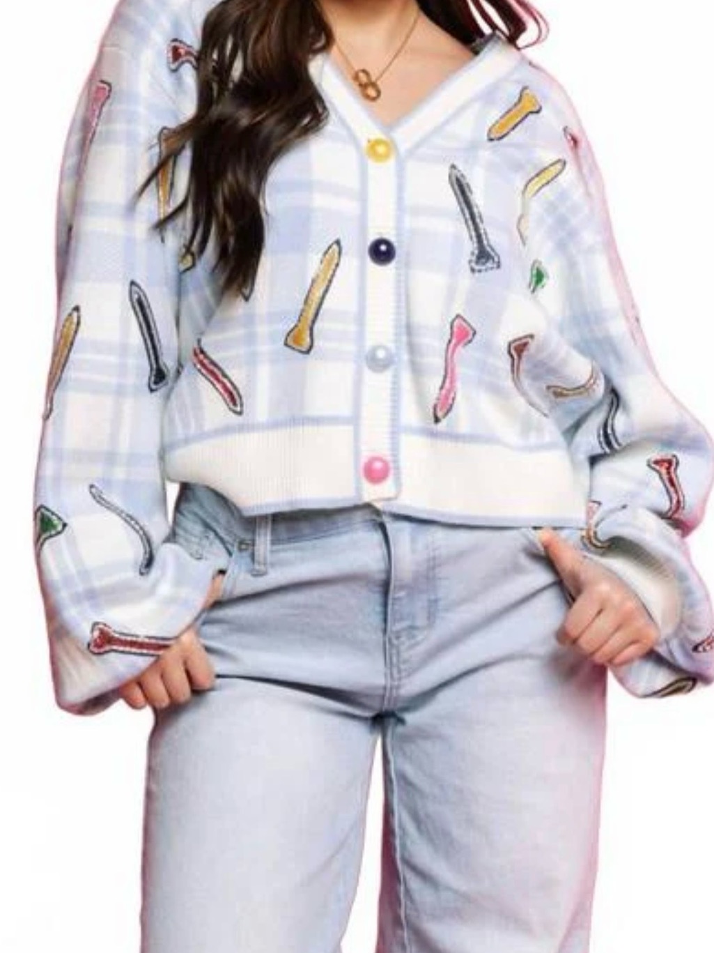 Nwot Queen Of Sparkles Plaid Blue/White Button Up Sweater W/Multicolor Golf Tees